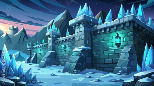 Close-up of Winterfell icy wall section, frosted stones glowing faintly, surreal atmosphere, fantasy aura, dreamlike snow textures, epic architecture, mystical close-up design, legendary stronghold, 
