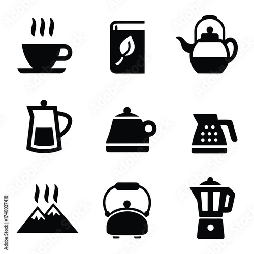 Black icons of hot beverage cup book kettle mountains blender collection