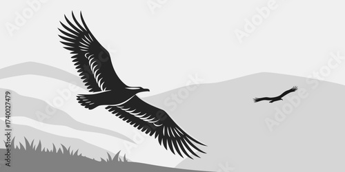 Hawk  in Motion Vector Art mountains beck view isolated background.