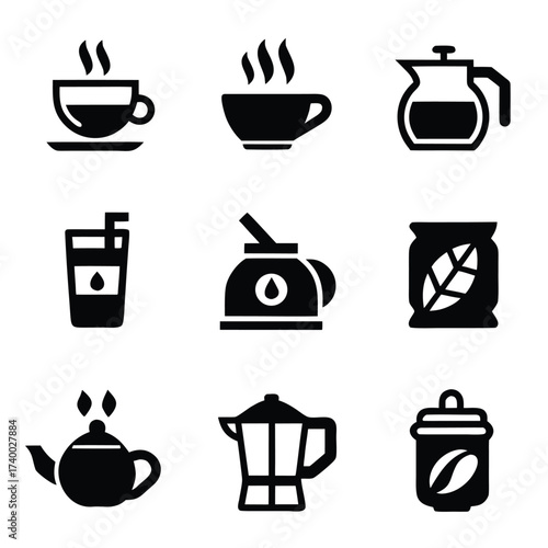 Black icons of hot drinks coffee tea and cold drinks with straws vector