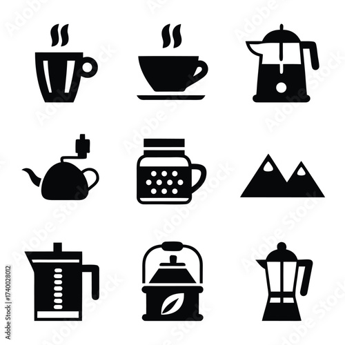 Black icons of coffee cups teapots kettle jar and mountains on white background steam