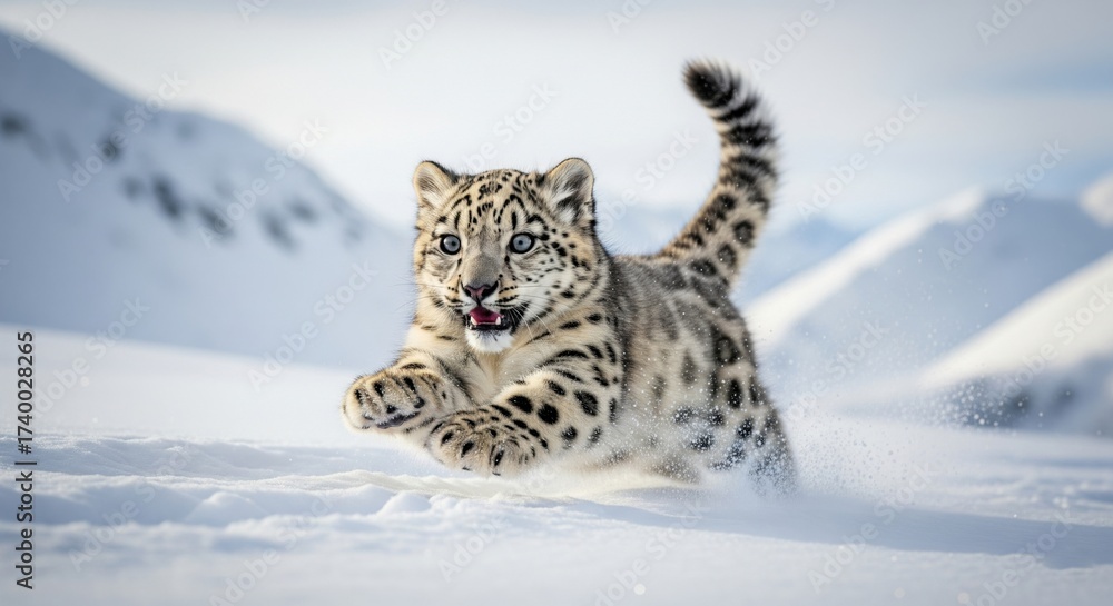 Obraz premium A fluffy baby snow leopard captured mid-stride, sprinting joyfully through a pristine, snow-covered landscape during daytime.