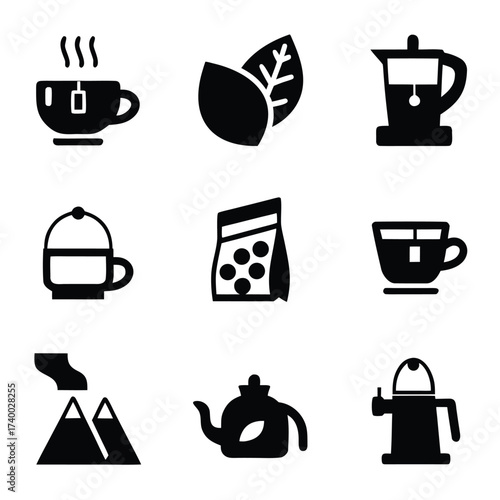 Black icons of tea cups teapots leaves mountains and tea bag packaging drink steam