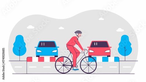 A cyclist wearing a helmet rides between two cars on a road with trees and clouds in the background on transparent background silhouette