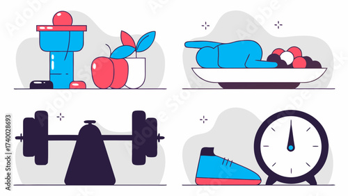 Illustration showing healthy lifestyle with juicer apples plant person on plate weight shoe and clock design on transparent background silhouette