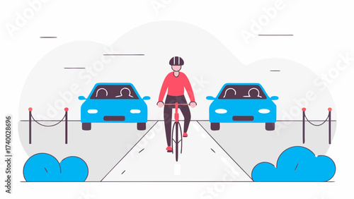 A cyclist rides between two blue cars on a road with blue bushes and a white cloudy background design on transparent background silhouette