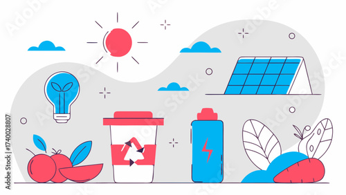 Illustration depicting renewable energy sources and eco friendly lifestyle choices concept art on transparent background silhouette