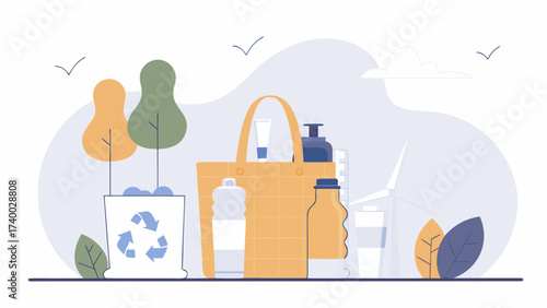 Illustration showing recycling bin, tote bag, and reusable containers for eco friendly lifestyle on transparent background silhouette