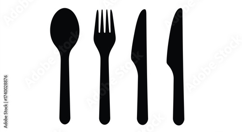 Simple black silhouettes of a spoon fork and two knives aligned