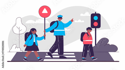 Illustration of a crossing guard helping children cross the street at a crosswalk near a traffic light on transparent background silhouette
