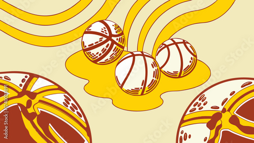 Illustration showing three basketballs with yellow abstract shapes in a retro style design theme on transparent background silhouette