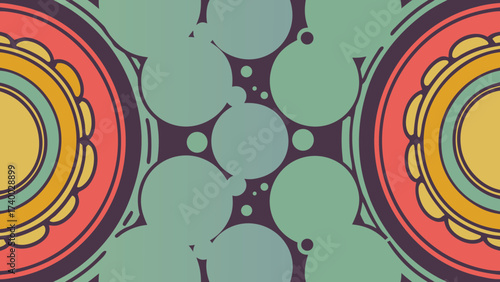 Abstract design featuring colorful concentric circles and overlapping light green circles on transparent background silhouette