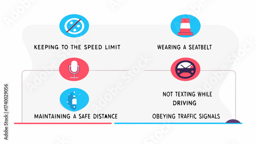 Illustration of safe driving practices including speed limits and wearing a seatbelt on white background on transparent background silhouette