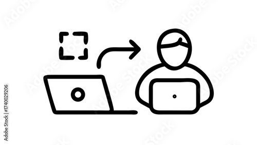 Person transferring data from a laptop to another laptop via a selection box and arrow icon on transparent background silhouette