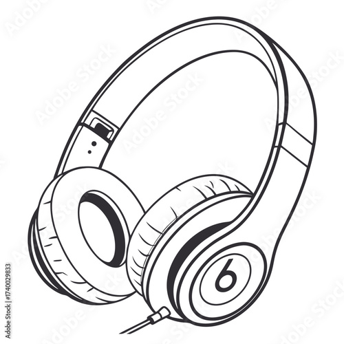 Illustration of headphones, showcasing the design and features in a detailed line drawing, perfect for tech blogs, product reviews, and audio equipment guides