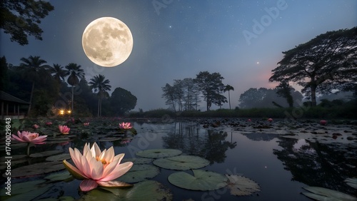 A serene Sharad Purnima night with a full moon reflecting on a pond surrounded by lotus flowers and