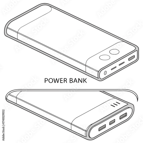 Illustration of a power bank, showcasing its design and features in a detailed line drawing, perfect for tech blogs, product reviews, and portable charging guides