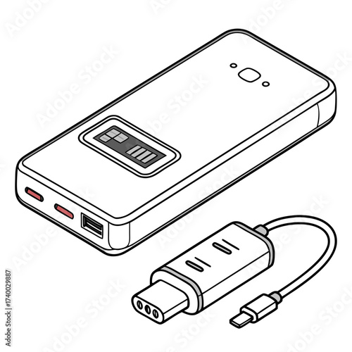 Vector art of isometric line art illustration of a portable power bank with a digital display and a usbc adapter, , showcasing modern charging technology and accessories