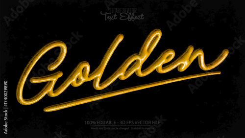Golden text effect shiny glitter script style with glowing illumination on dark background vector design