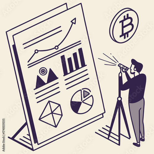 Businessman analyzing data with telescope