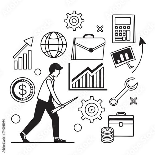 Businessman in motion with business icons