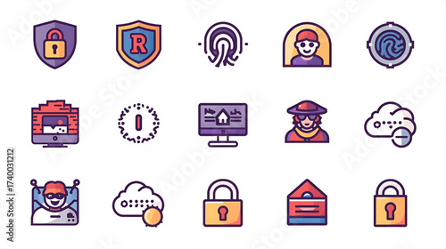 Digital Security Icons Collection Representing Cybersecurity, Data Protection, Online Privacy, and Network Safety Concepts for Modern Technology Applications