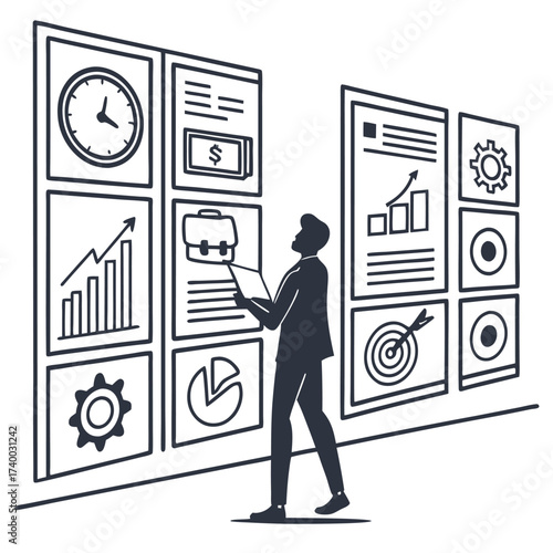 Businessman reviewing data charts on interactive wall