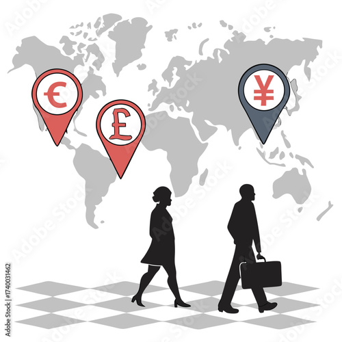 Businesspeople walking global map currency