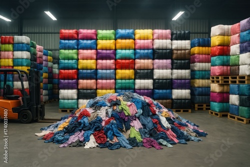 Overfilled warehouse with stacked colorful clothing bales and idle forklift