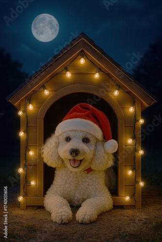 Adorable white poodle dog wearing a Santa hat rests happily at the door of his little house decorated with Christmas lights, illuminated by the moonlight on a magical Christmas night.