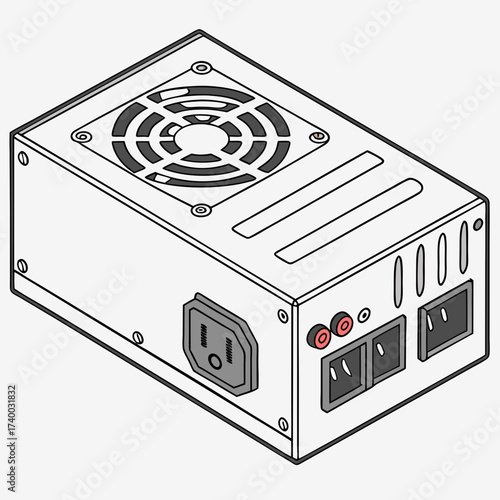 Vector art of isometric illustration of a power supply unit with a fan this detailed design showcases the essential components and connections of a modern psu