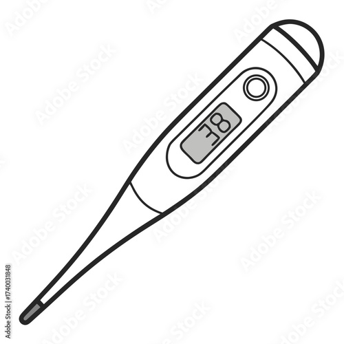 Illustration of a digital thermometer, displaying a temperature reading, commonly used for measuring body temperature and monitoring health in a simple style