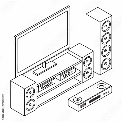 Vector art of isometric illustration of a home entertainment system, featuring a tv, speakers, and media player, showcasing modern technology and design