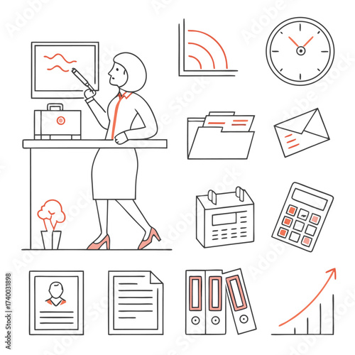 Businesswoman presenting at whiteboard office illustration