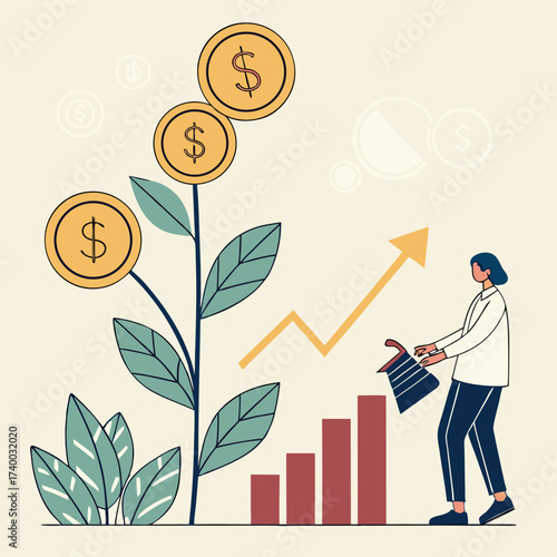 Businesswoman tending money plant growth illustration