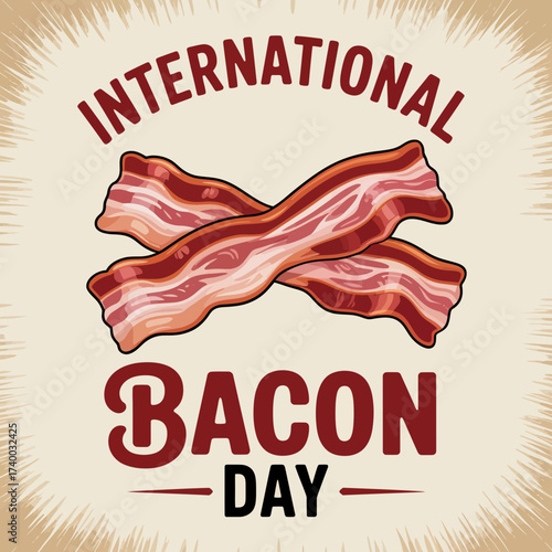 bacon, international, celebration, food, day, poster, meat, strips, crispy, pork, breakfast, savory, fry, snack, delicious, greasy, fat, cured, cooked, smoked, flavor, retro, banner, event, sizzle, gr