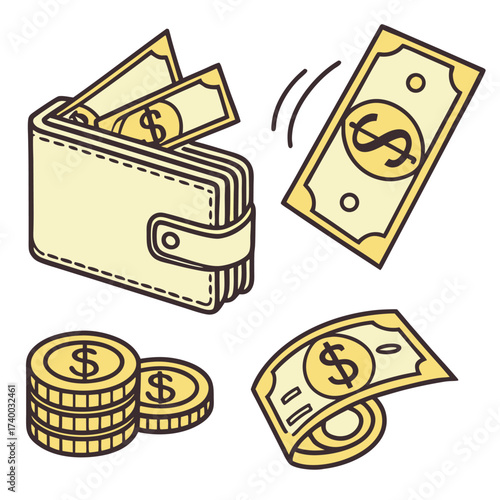 Cartoon wallet with money illustration