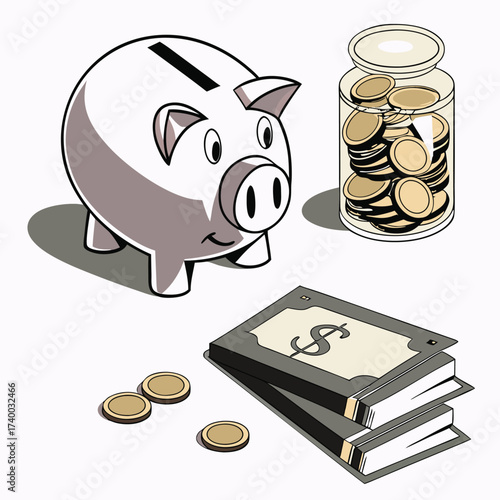 Cartoon piggy bank money savings