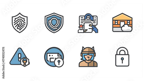 Collection of modern security and protection icons, including fingerprint, shield, document, house, warning sign, and padlock