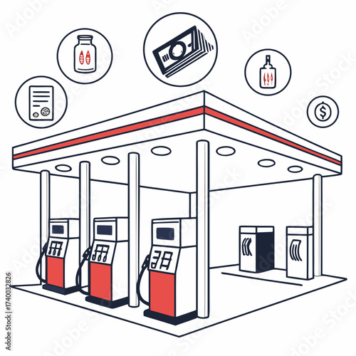 Illustration of a gas station with icons representing common purchases, the drawing shows a gas station with pumps and icons of items often bought at gas stations
