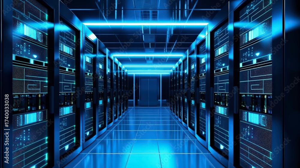 Obraz premium Vast Digital Network Server Room with Blue Lights and Technology
