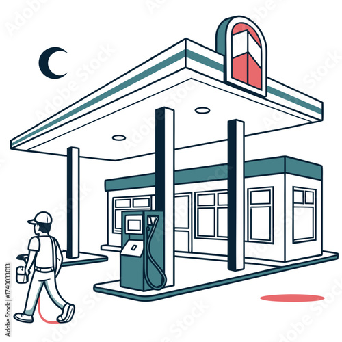 Illustration of a gas station at night with a worker walking by, perfect for illustrating the concept of fuel, energy, or transportation in a clean and modern style