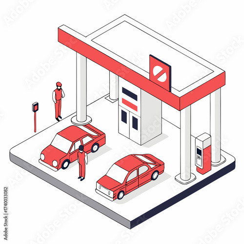 Vector art of isometric illustration of a gas station with workers fueling cars, showcasing a modern and clean design the scene is vibrant and detailed, with a focus on efficiency