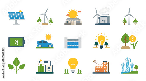 Eco-friendly renewable energy and sustainable technology icons for a green future