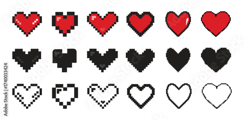 Pixel art game life heart color icon bar. Vector art health love heart bar. Gaming controller, Valentine 8-bit symbols set.