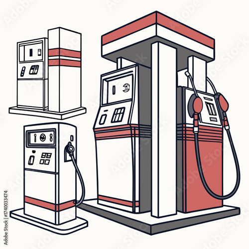 Illustration of a gas station with three pumps, showcasing the infrastructure and equipment necessary for dispensing fuel to vehicles in a modern setting