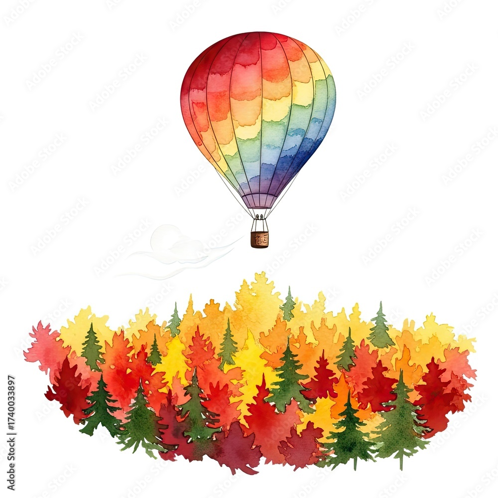 Fototapeta premium A vibrant hot air balloon ascends gracefully above a colorful autumn forest, its rainbow hues mirroring the spirit of adventure.