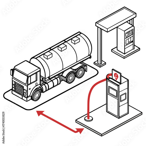 Vector art of isometric illustration of a fuel truck delivering gas to a station with a payment terminal, the design highlights the convenience of modern refueling