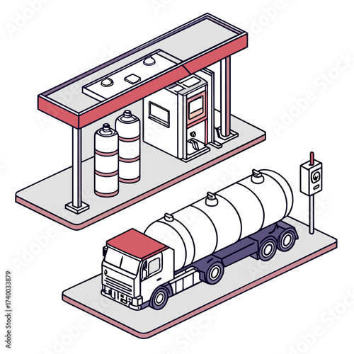 Vector art of isometric illustration of a gas station with fuel truck, fuel pump and fuel tank vector illustration of a gas station with truck and tanks