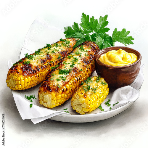 Artistic food illustration of roasted sweetcorn with cheese and herbs on a white plate, isolated on a white background.